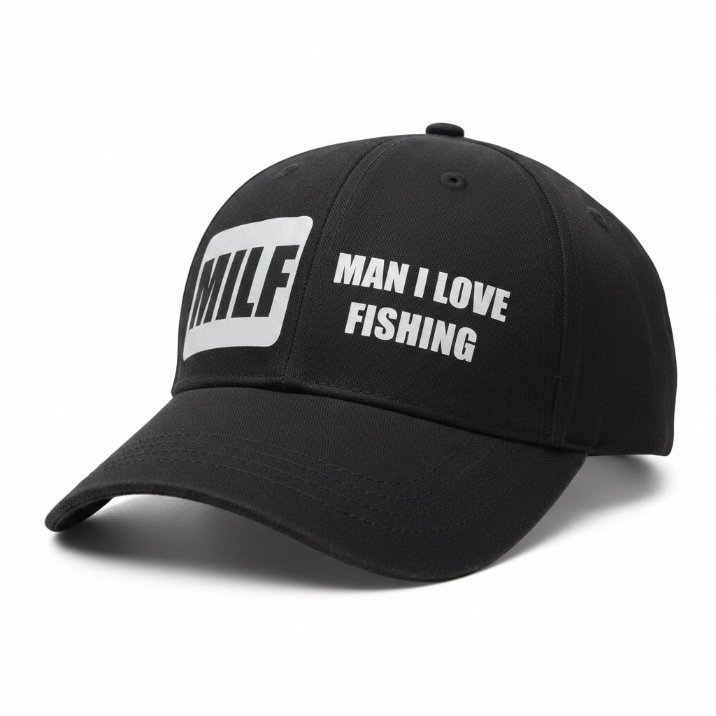 MILF - Man I Love Fishing Black Baseball cap. Funny , Pun Fish Joke Hat