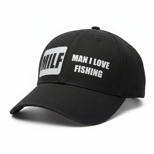MILF - Man I Love Fishing Black Baseball cap. Funny , Pun Fish Joke Hat